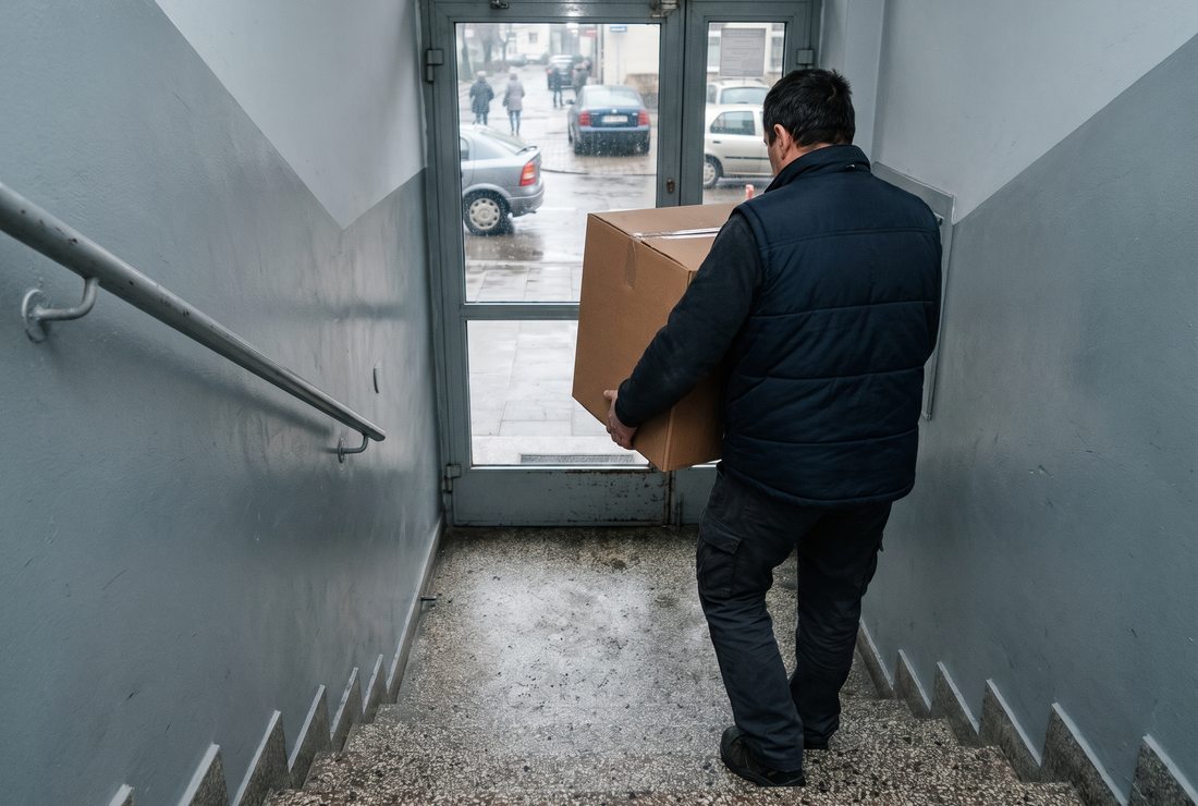 Przeprowadzka, wnoszenie kartonu na klatkę schodową