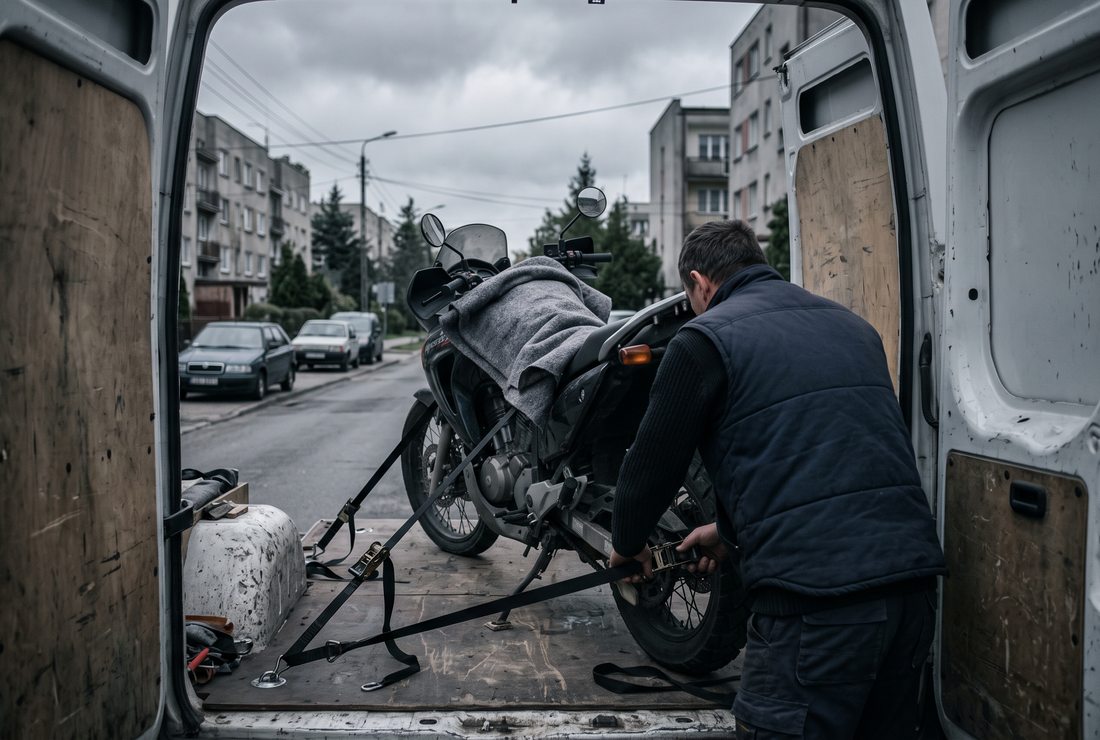 Przewóz motocykla zabezpieczonego pasami w busie