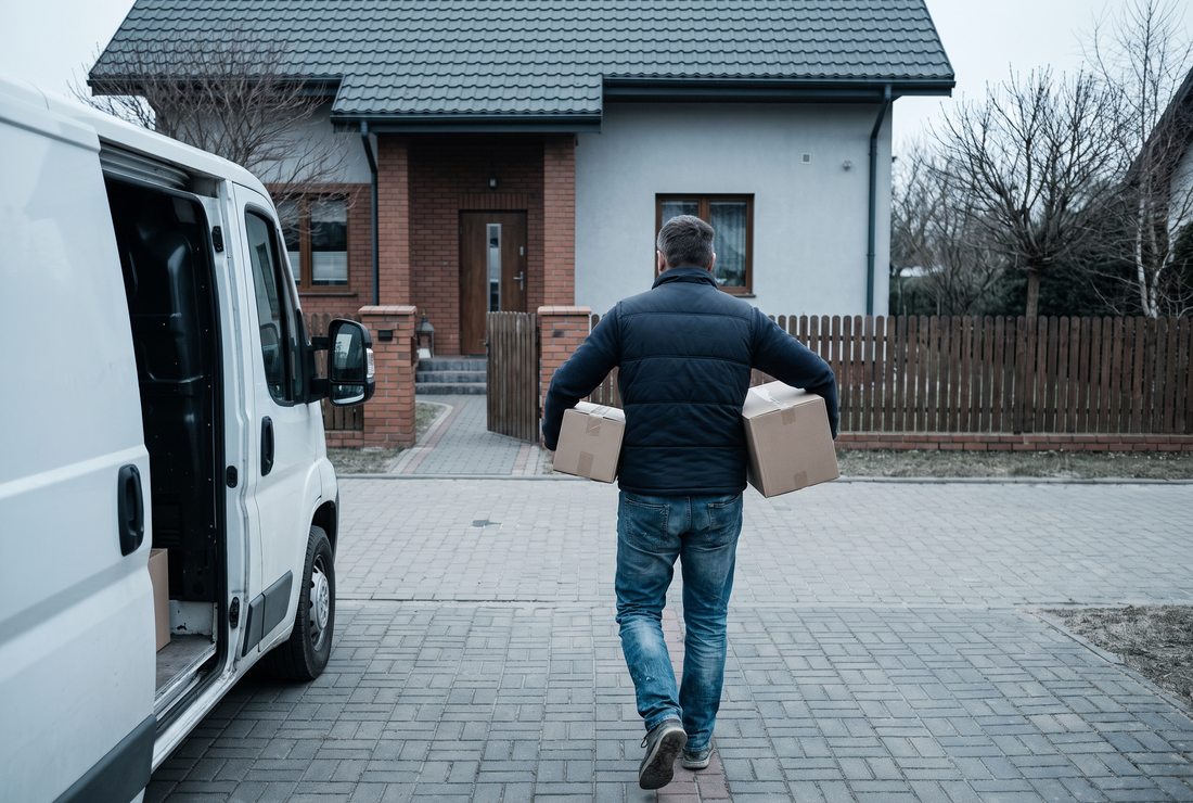 Opróżnianie mieszkania, wynoszenie kartonów do busa